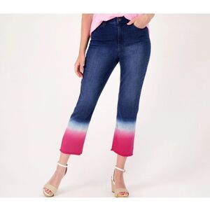 Susan Graver Stretch Denim Dip-Dyed Ombre Cropped Pink Indigo Raw Hem Jeans sz 8